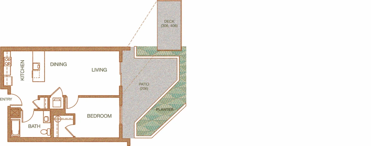One-bedroom floor plan with kitchen, dining, living, separate bedroom, bath, and a private deck or patio off the living room.