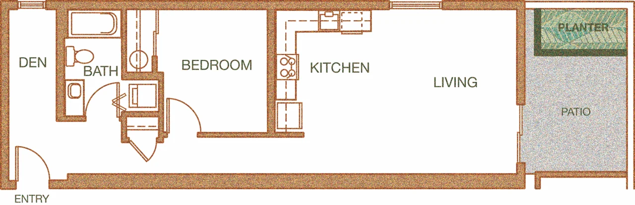 One-bedroom-plus-den floor plan with bedroom, den, bath, kitchen, living, and ground-floor patio with planter.