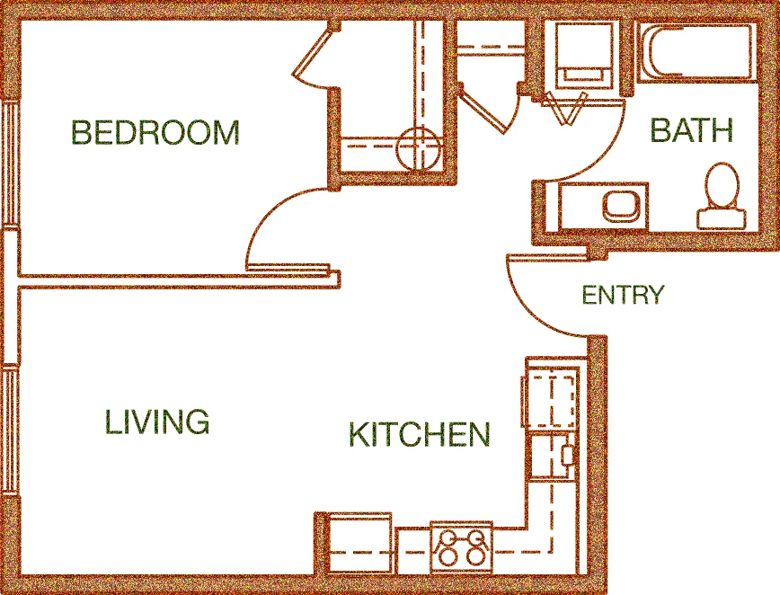 Standard one-bedroom floor plan at Tempo Apartments showing kitchen, living, separate bedroom, and bath — interior layout, no private deck or patio.
