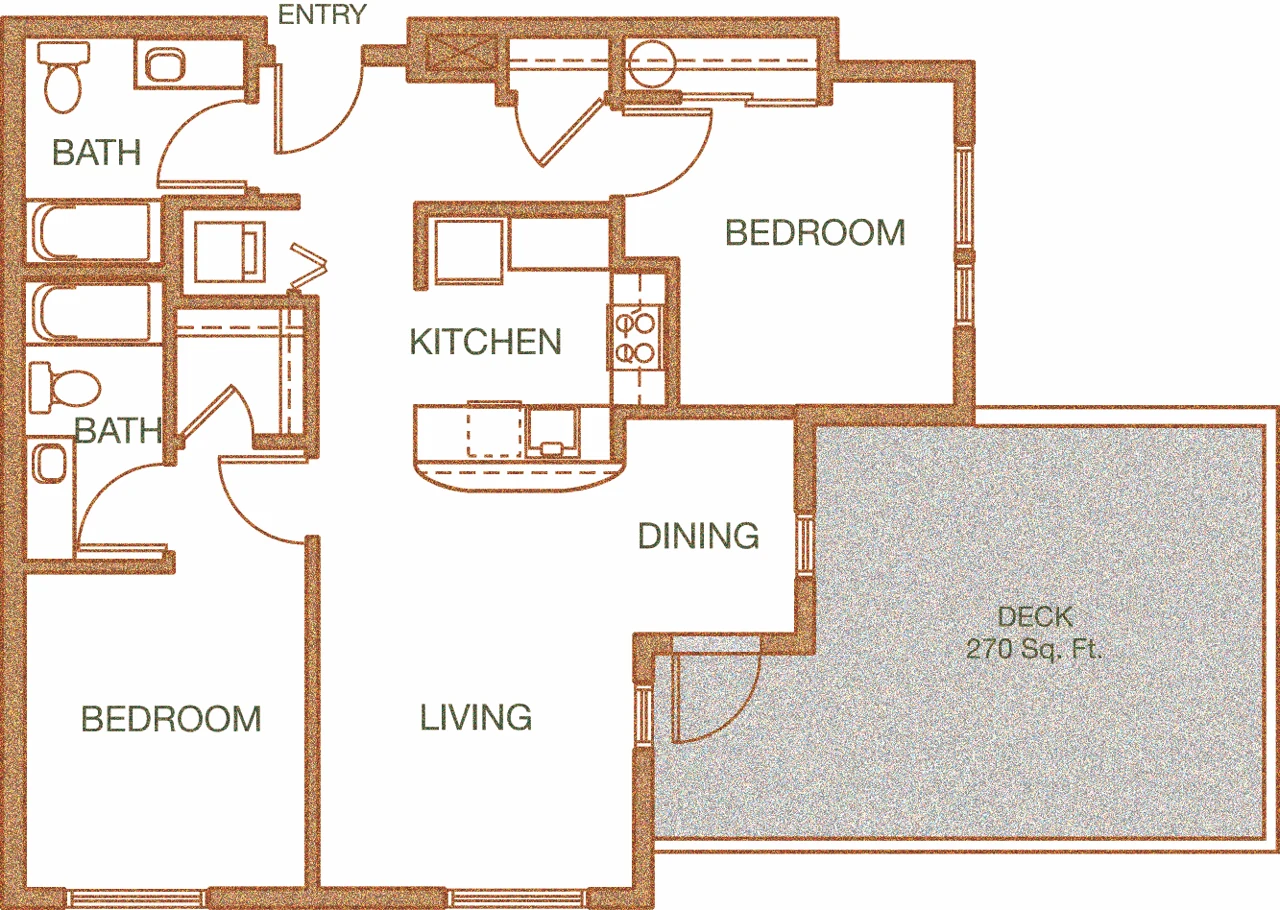 Two-bedroom floor plan showing two bedrooms, two baths, kitchen, dining, living, and a 270 sq ft private deck.