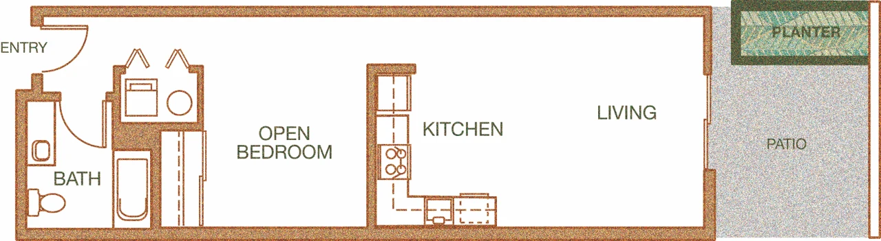 Open one-bedroom floor plan with sleeping area, kitchen, living, bath, and private ground-floor patio with planter.