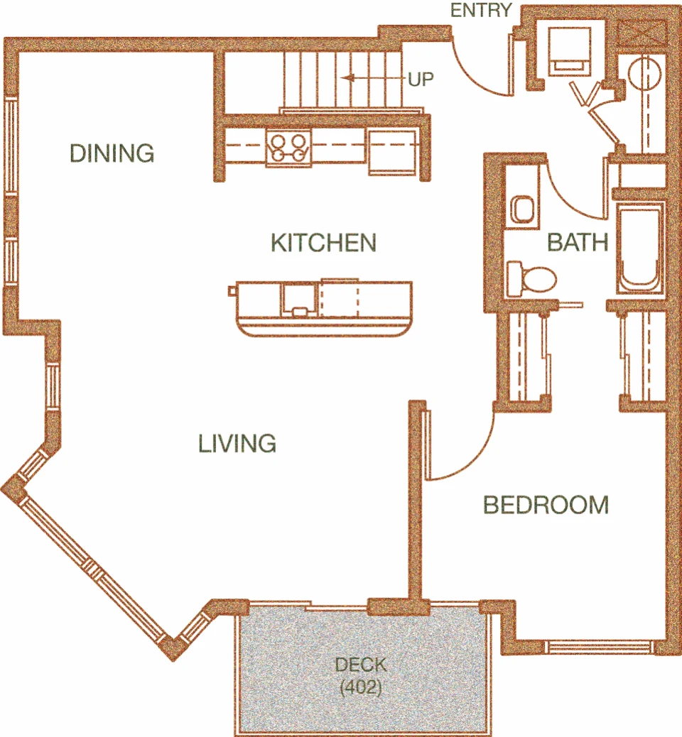 Penthouse lower-level floor plan showing dining, kitchen, living, bath, bedroom, private deck, and staircase to the upper level.
