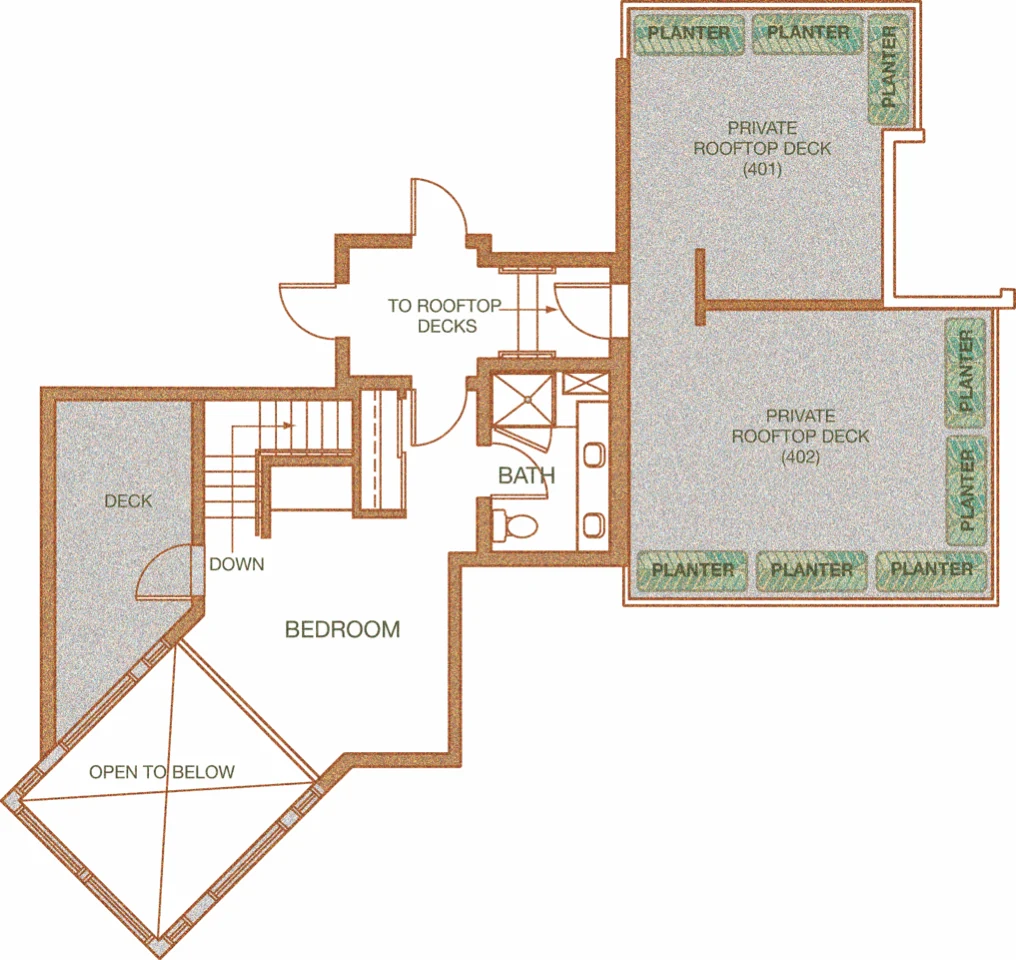 Penthouse upper-level floor plan showing bedroom, bath, and multiple private rooftop decks with planters for units 401 and 402.
