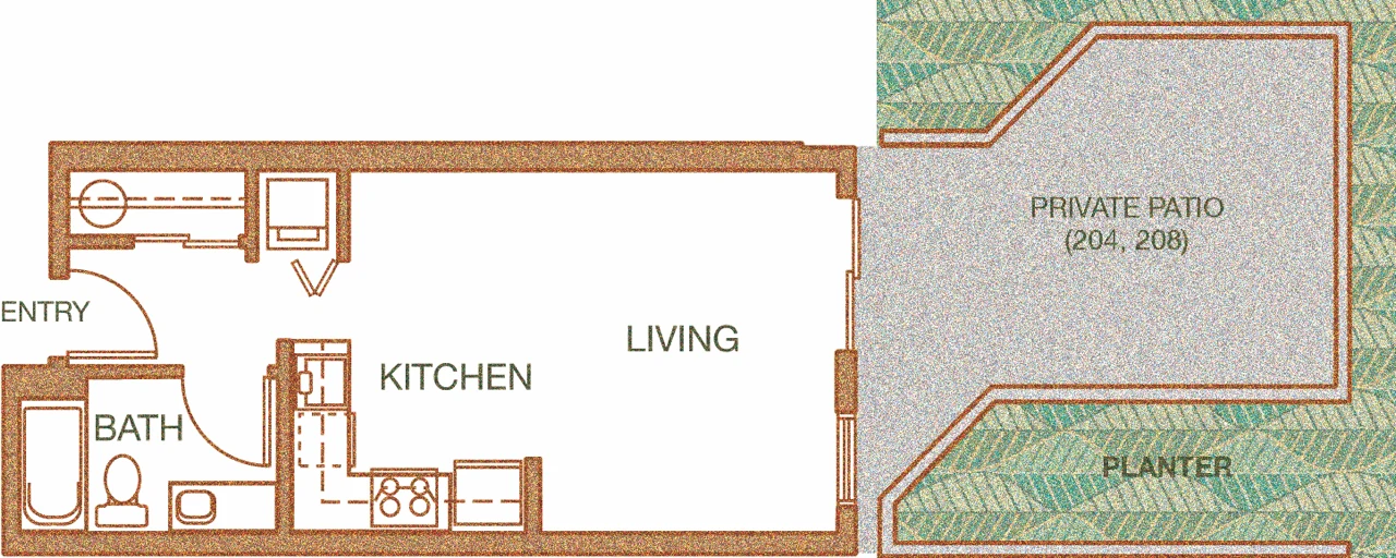 Studio floor plan at Tempo Apartments showing kitchen, living, bath, and entry, with private patio called out for units 204 and 208.